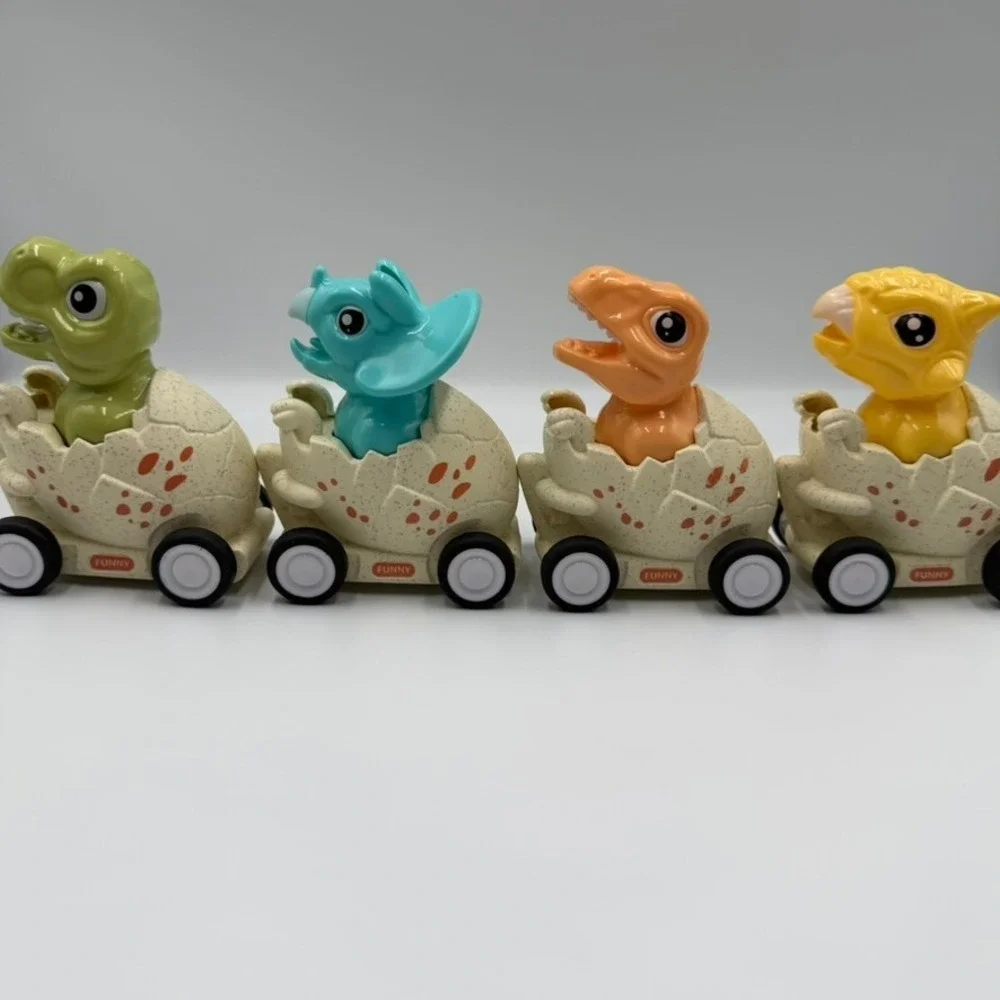 Funny Dinosaur Egg Pull Back Toy Cars Set of 4 Friction Powered Vehicles Multi